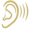 Golden ear icon with sound waves, symbolizing audio or hearing.